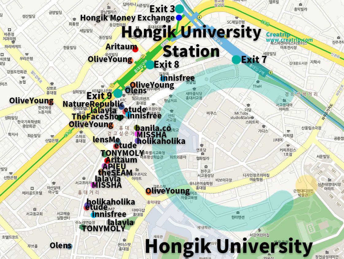 Hongdae shopping district map detailing lively shopping centers and popular cafes in Hongdae, Seoul.